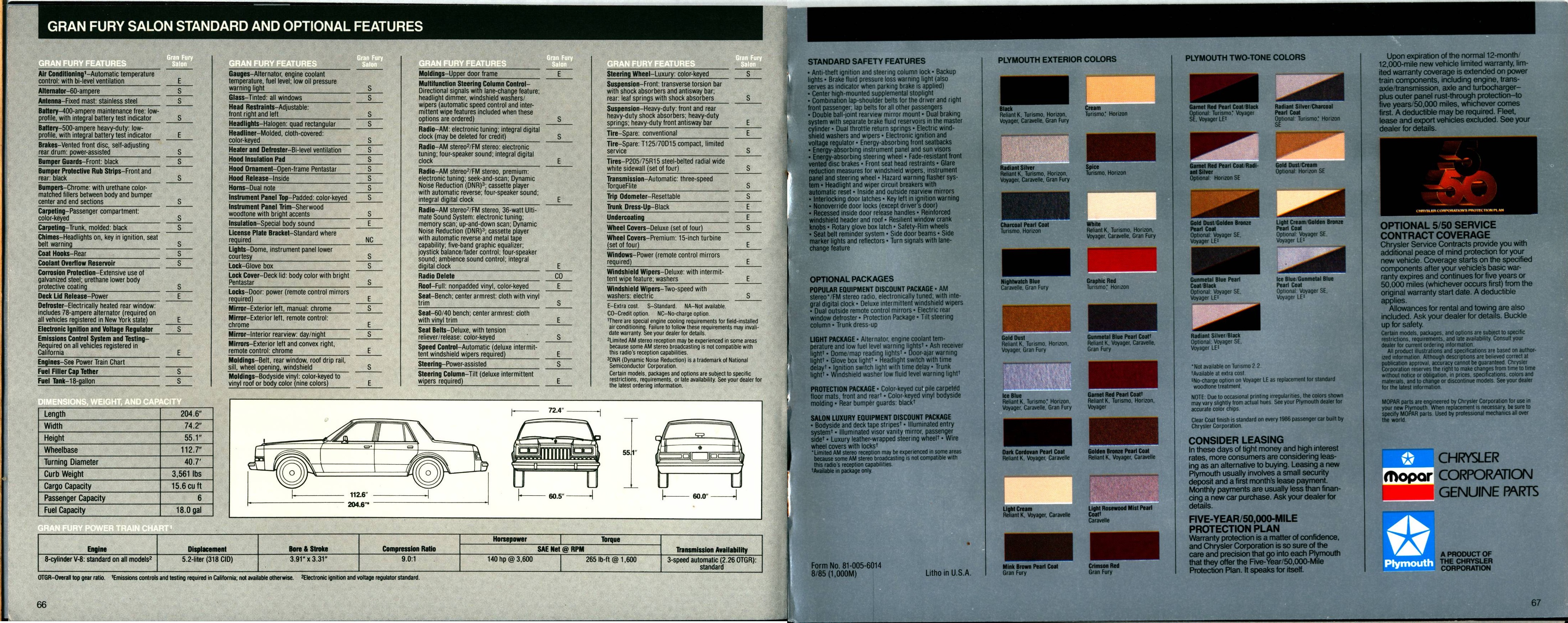 1986 Plymouth Full Line Prestige Brochure 66-67