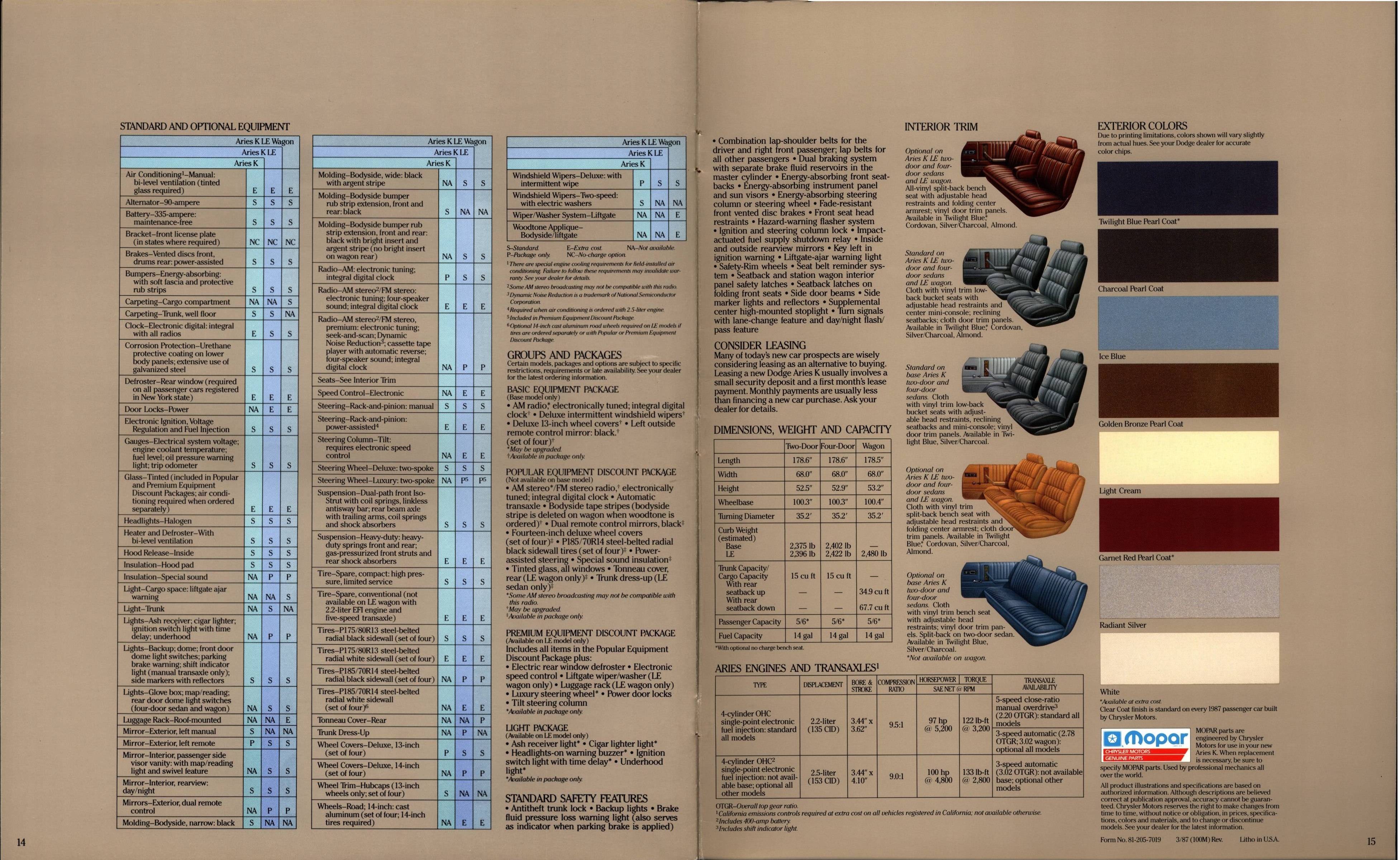 1987 Dodge Aries K Brochure (Rev) 14-15